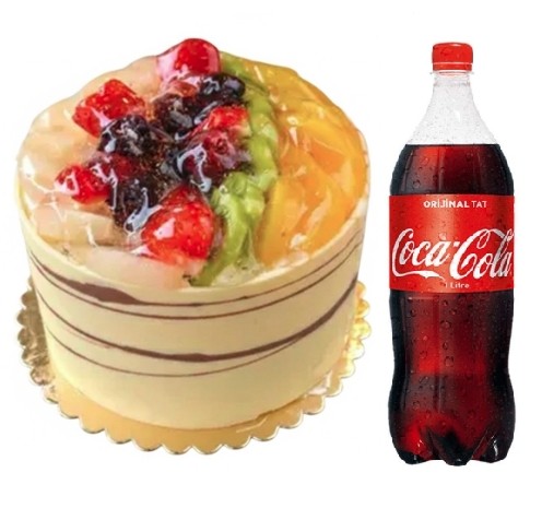 4 ile 6 kişilik karışık mevsim meyveli yaş pasta 1 lt cola gerçek meyve dolgulu taze ürün. pasta